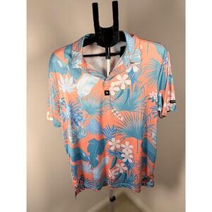 Bad Birdie Mens Large Tropical Floral Golf Polo Shirt Coral Teal Short Sleeve